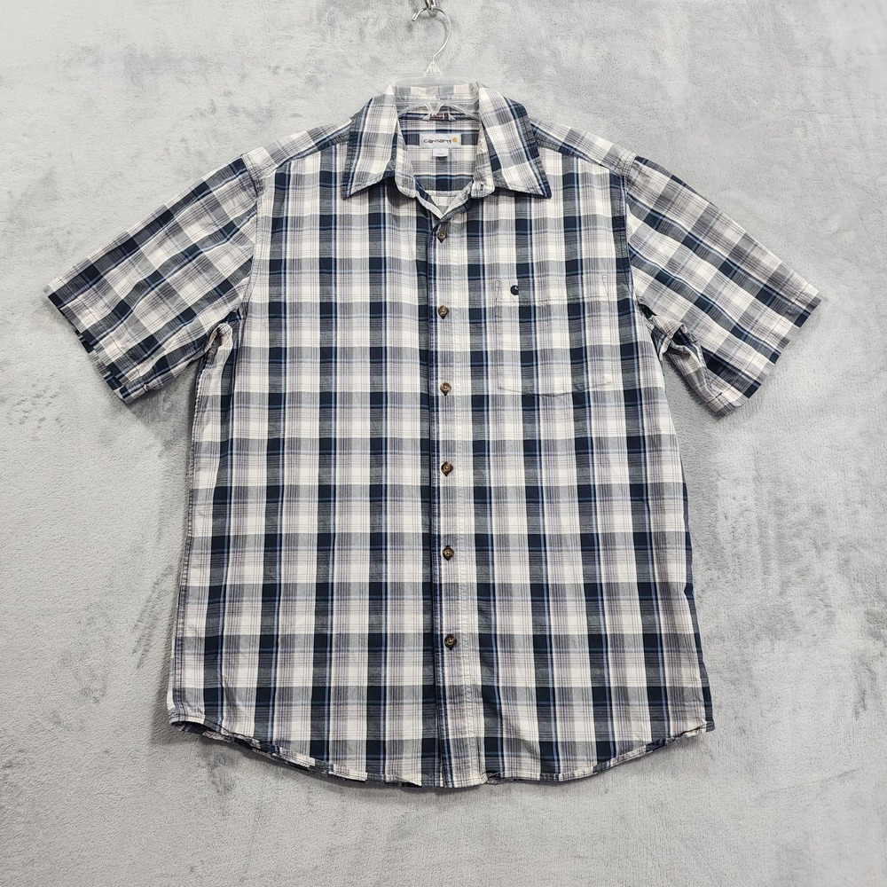 Carhartt Shirt Mens L Blue Gray Plaid Relaxed Fit Short Sleeve Button Workwear